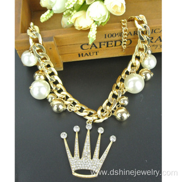 Rhinestone Crown Pearl Choker Gold Chain Necklace For Women